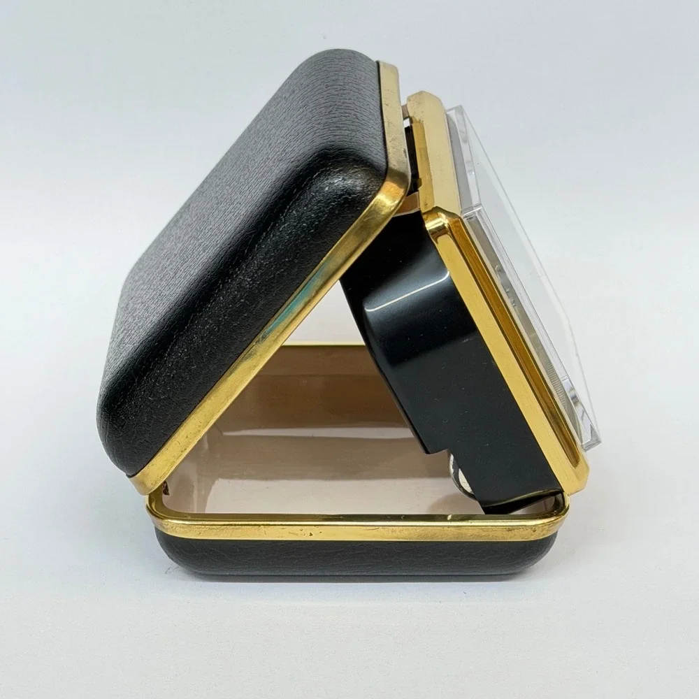 Vintage Marcel Folding Travel Alarm Clock Quartz Japan Black Gold Case Retro